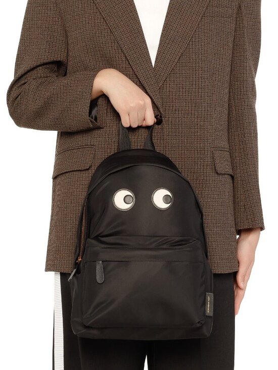 Anya Hindmarch Eyes Backpack Black Nylon Leather Trim Gold Hardware